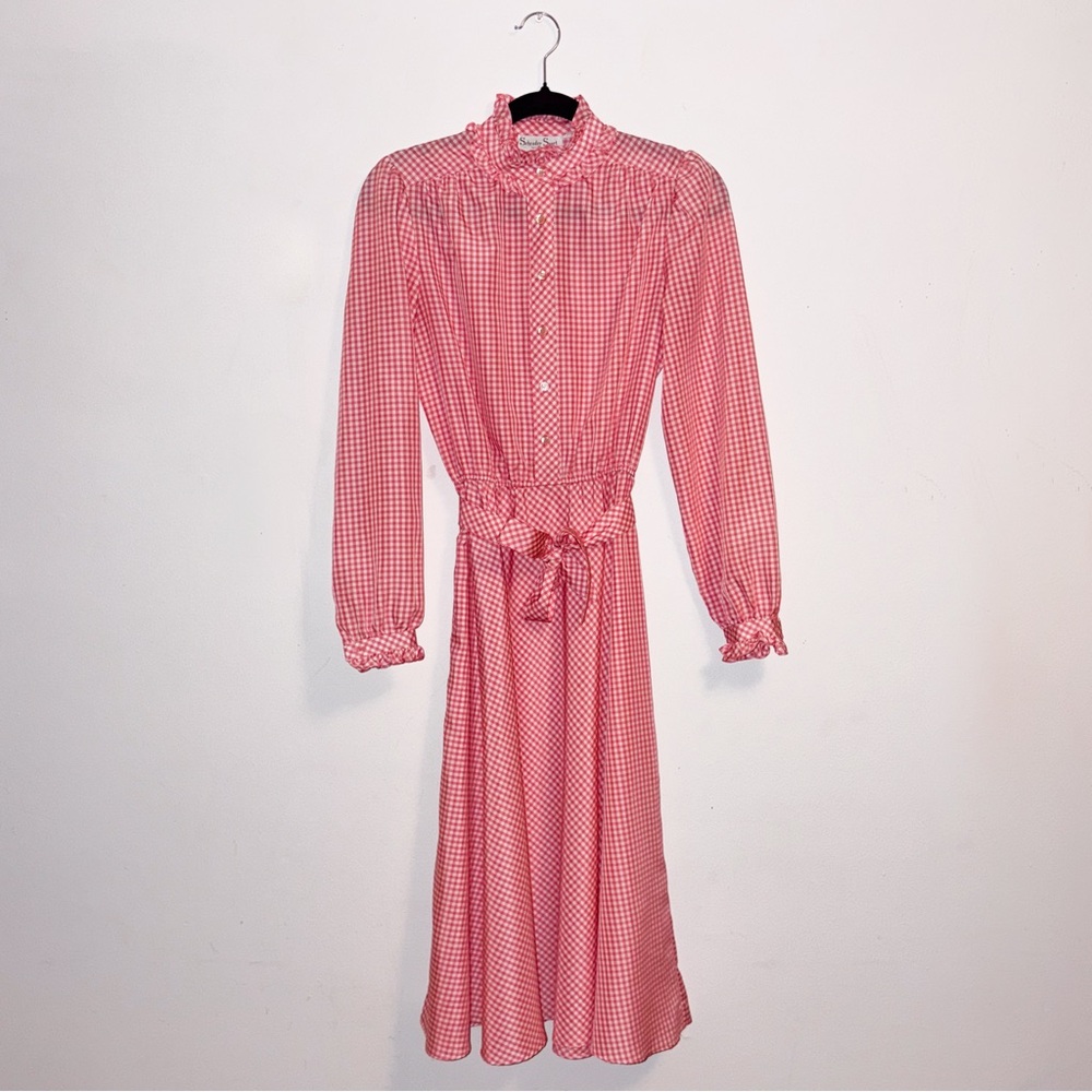 Vintage Red Gingham Ruffle Mockneck Dress